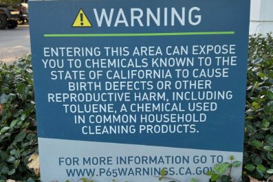 1. A sign that says: “Warning: Entering this area can exposure you to chemicals known to the State of California to cause birth defects or other reproductive harm, including toluene, a chemical used in common household cleaning products. For more information go to www.p65warnings.ca.gov