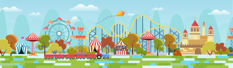 A cartoon version of an amusement park, with a train, Ferris wheel, rollercoaster, and castle.